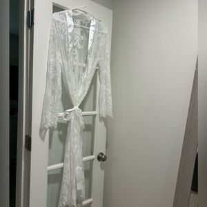 Sheer White Lace Robe with Satin Trim